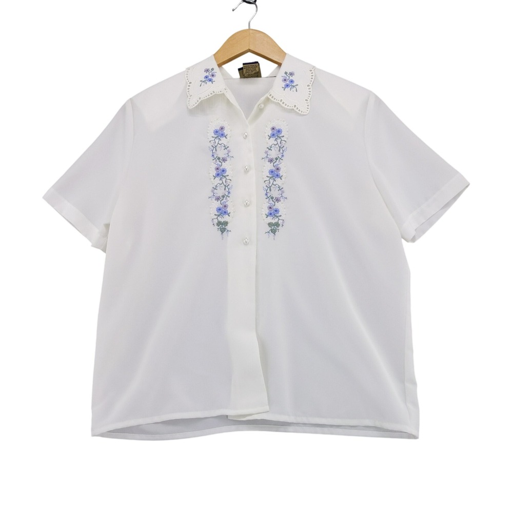 Vintage Laura Scott Blouse 14P White Embroidered Floral Eyelet Short Sleeve